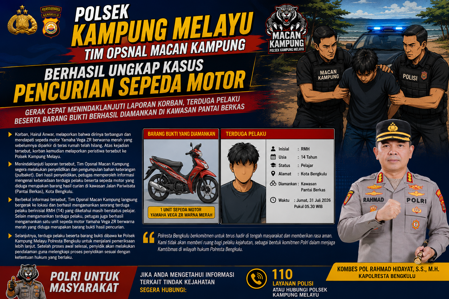 Tim Opsnal Macan Kampung Polsek Kampung Melayu Berhasil Ungkap Kasus Pencurian Sepeda Motor